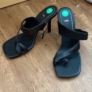 Zara Black Strappy Square-Toe High Heel Mules with Wrap Detail